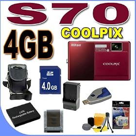 Nikon Coolpix S70 12.1MP Digital Camera w/ 5x Optical VR Zoom (Red) BigVALUEInc Accessory Saver 4GB EL12 Battery/Charger Bundle