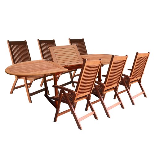 VIFAH V144SET1 Outdoor Wood 7-Piece Dining Set with Oval Extension Table, Natural Wood Finish, 91 by 39 by 29-Inch