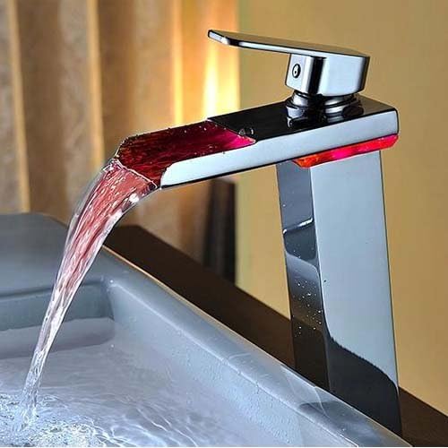 FYL LED Chrome Waterfall Batheroom Sink Faucets with Supply Hose,Single Handle Single Hole Vessel Lavatory Faucet,Slanted Body Basin Mixer Tap Tall Body
