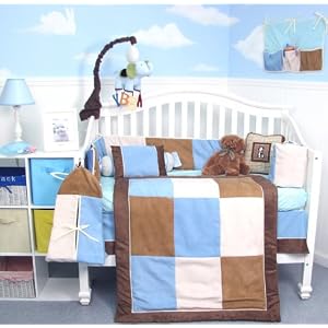 blue and brown baby bedding