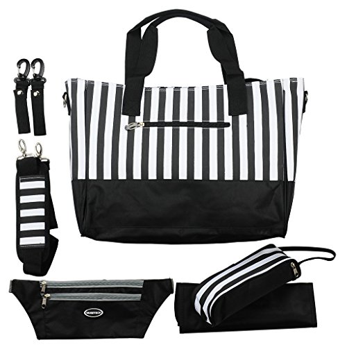 Diaper Bag Messenger with Changing Pad, Bottle Holders, Travel Money Belt, Stroller Clips, Color Black