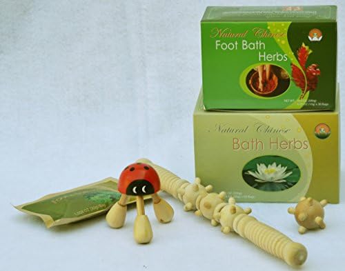 Hand Wrist Finger Set-5 Items: 1 Box Foot Soak Herbs, 1 Box Bath Herbs, Wooden Ladybug Kneading Massager, Wooden Meridian Roller, Wooden Acupressure Hand