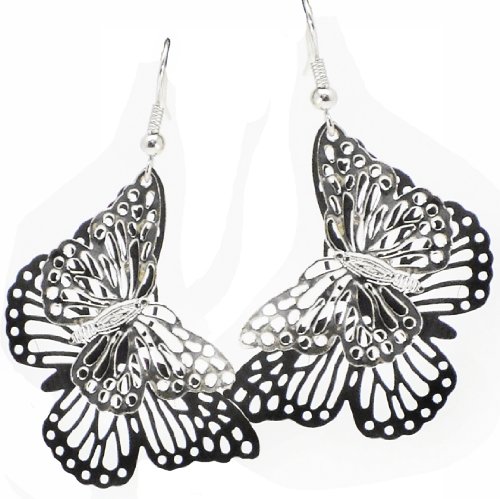 Light & Lacy Sparkling Silver & Black Butterfly Dangle Earrings 2.25″ drop