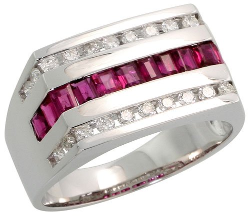 14K White Gold Men's Ring, w/ 0.64 Carat Brilliant Cut Diamonds & 2.47 Carats Invisible Set Ruby Stones, 7/16 in. (12mm) wide, size 9