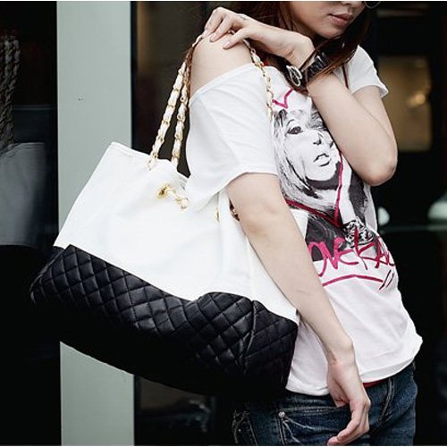 CAMRYN Summer Silvertone Black Quilted Accent Double Shoulder Chain Oversized Tote Bag Hobo Satchel Handbag Purse by MyGift