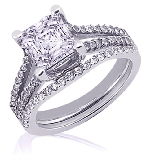 2.10 Ct Asscher Cut Diamond Wedding Rings Pave-Set VS1