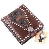 Genuine Leather Wallet with Crocodile Skin and Metal Beads - Brown