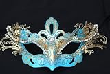 Venetian Sky Blue Mask w/ Gold Metal Laser-cut and Crystals on Eyes