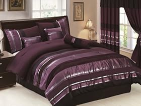 Reviews 7 Pieces Modern Purple Black Striped Comforter Bed In A