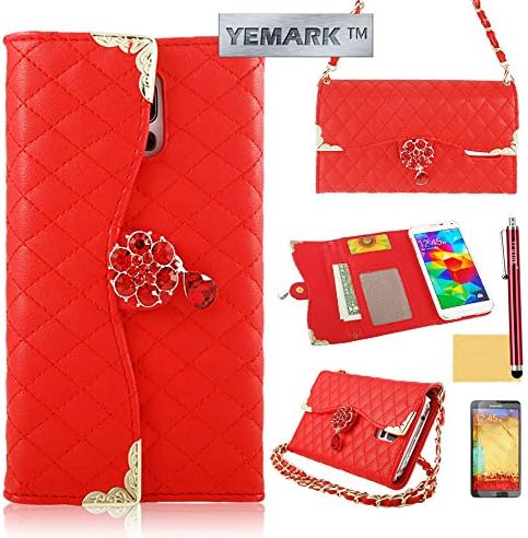 Galaxy Note 3 Case,Note 3 Handbag Case,YEMARK(TM) Quality PU Leather [Luxury Crystal Pendant Buckle Diagonal Metal Corner Design] Handbag Purse Wallet Case Flip Cover Fit For Samsung Galaxy Note 3[Built-in Credit Card/ID Card Slots],[+Stylus+Screen Protector+Cleaning Cloth]-(Red), Samsung Galaxy Note 3 Case