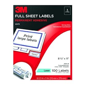 3M Permanent Adhesive Full Sheet Labels, 8.5 x 11 Inches, White, 100 per Pack (3100-M): Office Products