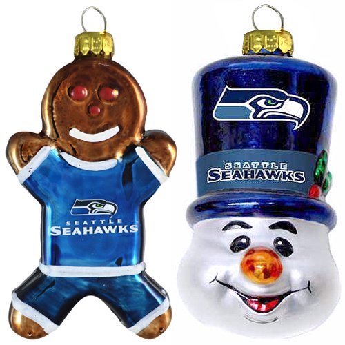 NFL Seattle Seahawks Blown Glass Gingerbread Man & Top Hat Snowman Ornament 2-Pack