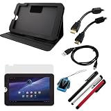 GTMax Leather Folio Case with Built-in Stand LCD Screen Protector HDMI Cable Mini USB Cable 3pc Universal Stylus LCD Screen Cleaner Strap for Toshiba Thrive 101-inch Android Tablet AT105-T1016 AT105-T108 AT105-T1032 on sale