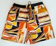 Mens Swim Trunks with Adjustable Elastic Drawstring Waist and Board Short Style Front, 2 Inseam Slit Pockets Back Patch Pocket. Mesh Lined. Abstract Print in Orange. Sizes S(28-30) - XL(40-42)