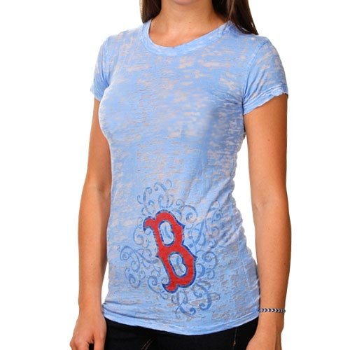 Boston Red Sox Ladies Scroll Burnout Premium Crew T-shirt - Light Blue (Small)