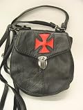 Biker Goth Black Leather Handbag with Red Maltese Iron Cross Design
