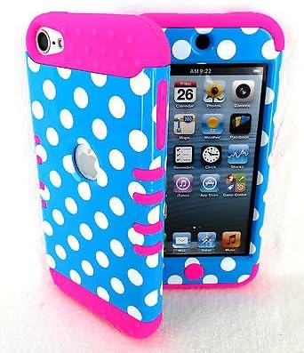 iPod Touch 5th 6th Gen Cover Case Polka Dots on Blue with Hot Pink anti-shock