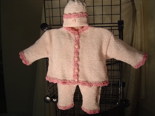 Knitted on Hand Knitting Machine Baby Pink Cotton Hand Crochet Finished with Pink Chenille Infant Girls Cardigan Pant Hat Set