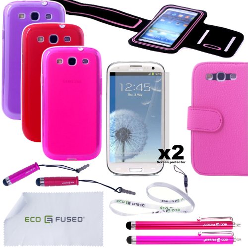 Samsung Galaxy S3 Fitness Accessory Bundle / Three TPU Cases (Purple, Red, Hot Pink) / Pink Leather Wallet Case / Sport Armband (Black w/ Pink Trim) / Four Stylus Pens (Red, Pink) / Two Screen Protectors and Free ECO-FUSEDÂ® Lanyard and Microfiber Cleaning Cloth Included - AT&T (SGH-i747), US Cellular, T-Mobile (SGH-T999), and International (GT-i9300) (Purple Red Hot-Pink)