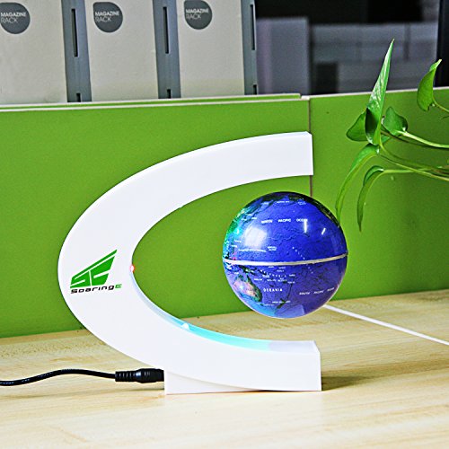 Magnetic Levitation Floating World Map Globe with LED Lights for Learning Education Teaching Demo Home Office Desk Decoration (C Shape White Base + Blue Globe)