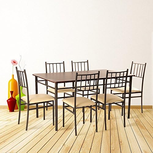 7pc Dining Table Wood Finis Table Desk with 6 Pu Leather Pad Chairs Set
