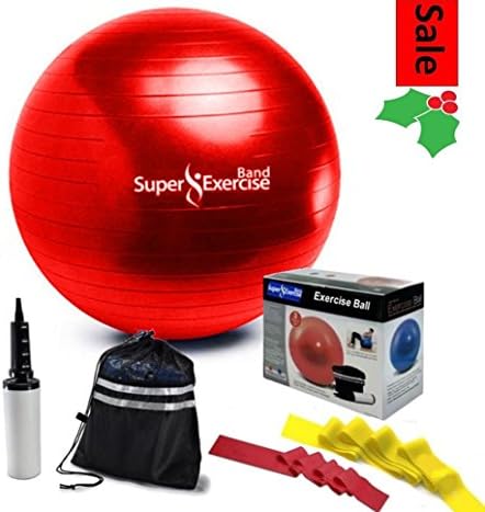 Super Exercise Band Fitness Stability Ball, Pump, Travel Pouch &amp; 2 Resistance Bands. Sunrise Red Gym Grade Anti-Burst Balance Ball for Yoga, Pilates and Strength Training Workouts. 65mm size ball.