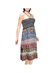 Cotton/Denim Knee Length General Print Shirred Halter  Dress