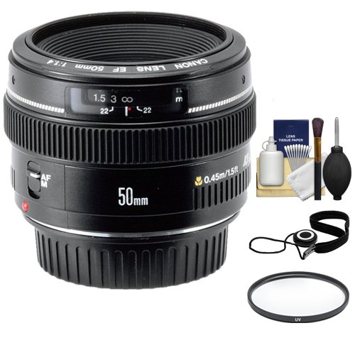 Canon EF 50mm f/1.4 USM Lens + UV Filter + Accessory Kit for Canon EOS 60D, 7D, 5D Mark II III, Rebel T3, T3i, T4i Digital SLR Cameras