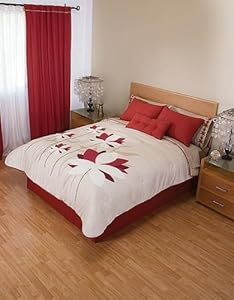 Red Flowers Beige Comforter Sheets Bedding Set Queen 9 Pcs