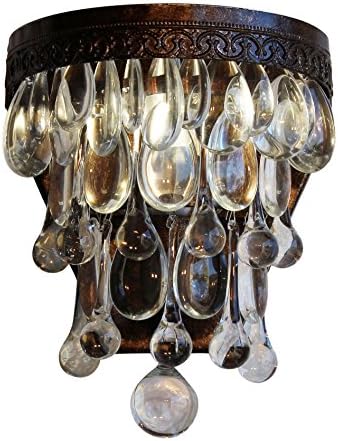 Large Glass Drop Crystal Wall Sconce, Antique Copper