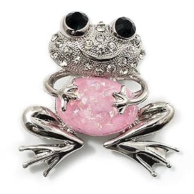 'Smiling Frog' Crystal Brooch (Silver Tone Metal)