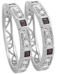 14K White Gold 0.59ct Charm Bezel Diamond & Square Ruby Mini-Hoop Earrings