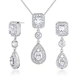 Dazzling Radiant Cut White CZ Pendant Earrings Set in Sterling Silver
