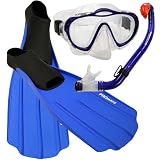 PROMATE Junior Snorkeling Scuba Diving PURGE Mask DRY Snorkel FULL FOOT Fins Set for kids - Blue - XS Shoe 3-5 - Age 8-12 yrs