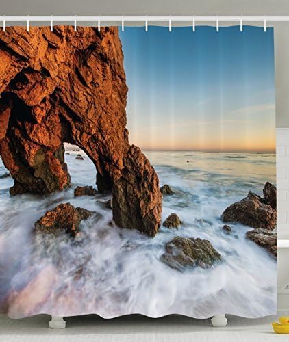 Think Yes Nature Scenery Art Decorations Collection, Rocks Water Spring Sunset Ocean Waves Cave Waterfall Picture, Cloth Bathroom Shower Curtain, Blue/Brown/White Multicolored
