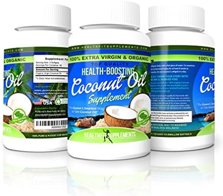 Health Fit Supplements Coconut Oil Capsules - Organic 120 Softgels 1000mg - 100% Money Back Guarantee!