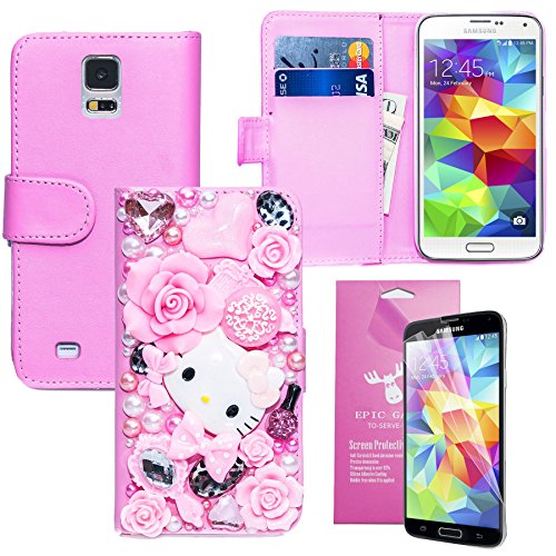 EpicGadget(TM) Samsung Galaxy S5 Handmade Luxury Crystal Bling Bling White PU Leather Case With Crystal Bow knot Wallet Case Magnet Flip Cover With Credit Card Holder Pouch + S5 i9600 Screen Saver (Miss Kitty Fairy Tale Pink Case)