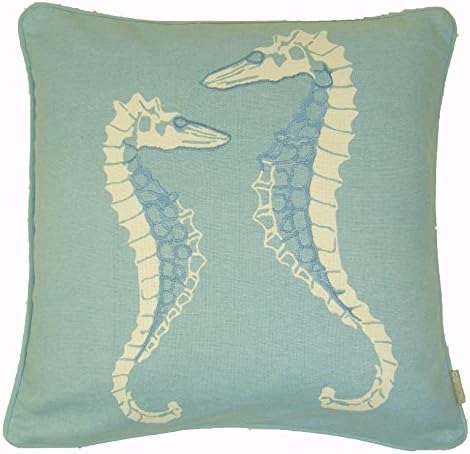 FILLED SEAHORSES 100% COTTON DUCK EGG BLUE WHITE EMBROIDERED PIPED CUSHION PILLOW CASE SHAM 18"