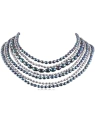 Silver Multi-Strand Clasp 7-Row Freshwater Cultured Rice Pearl 4-9mm Multi-Color Nested Necklace, 18"