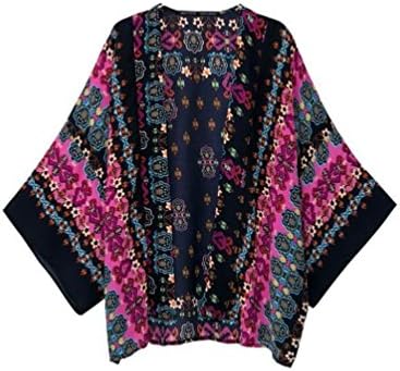 Flower Print Black Chiffon Blouse Shirt Women Kimono Cardigan(Size L)
