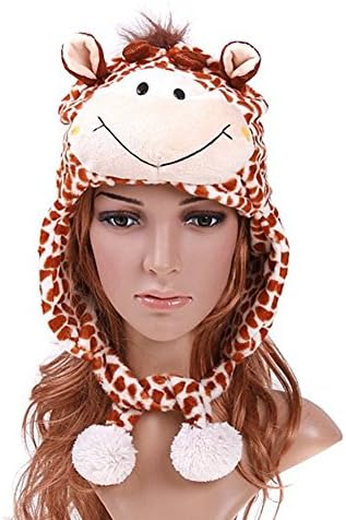Faux Fur Hat Animal Plush Fluffy Cartoon Giraffe Mask Warm Winter Costume Cap