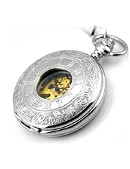 Tirio Vintage Hollow Silver Stainless Steel Case Roman Numbers Mechanical Pocket Watch with black Dial