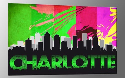 DIGITAL ART XL Artwork CHARLOTTE RETRO GREEN 47x31,5 inch USA CITY SKYLINE A01850 Canvas Art Ready to Hang Framed Wall Art Decor Hand-made with Love, Cheaper than Oil painting Wallprint LIVING STYLE FINE ART PRINT MADE IN GERMANY