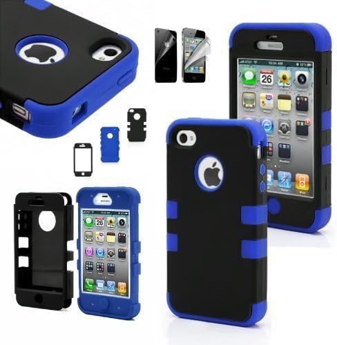 CWAccessories (TM) Black High Impact Hybrid Matte Hard Case Silicone Rubber Cover for Apple iPhone 4 4G 4S w/ Screen Protector (Blue)