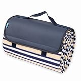 Yodo Water-Resistant Picnic Blanket Tote (59 X 53 inches) with Soft Fleece, Spring Summer Navy Stripe