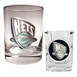 New Jersey Nets NBA Rocks Glass & Square Shot Glass Set - Primary Logo