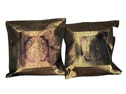2 Wine Gold Floral Motif Silk Sari Toss Pillow Cushion Covers 16x16