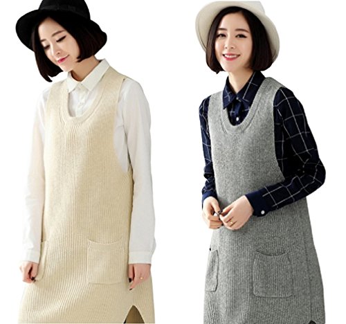 【ARINCO】 ポケット付 レディース ニット Vネック ワンピース カジュアル グレー アイボリー フリーサイズ