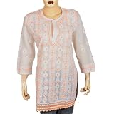 Top Kurti Cotton White Hand Embroidered Dress Size M