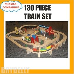 130 Piece Wooden Railway Train Set Compatible with Thomas the Tank Engine & Friends
